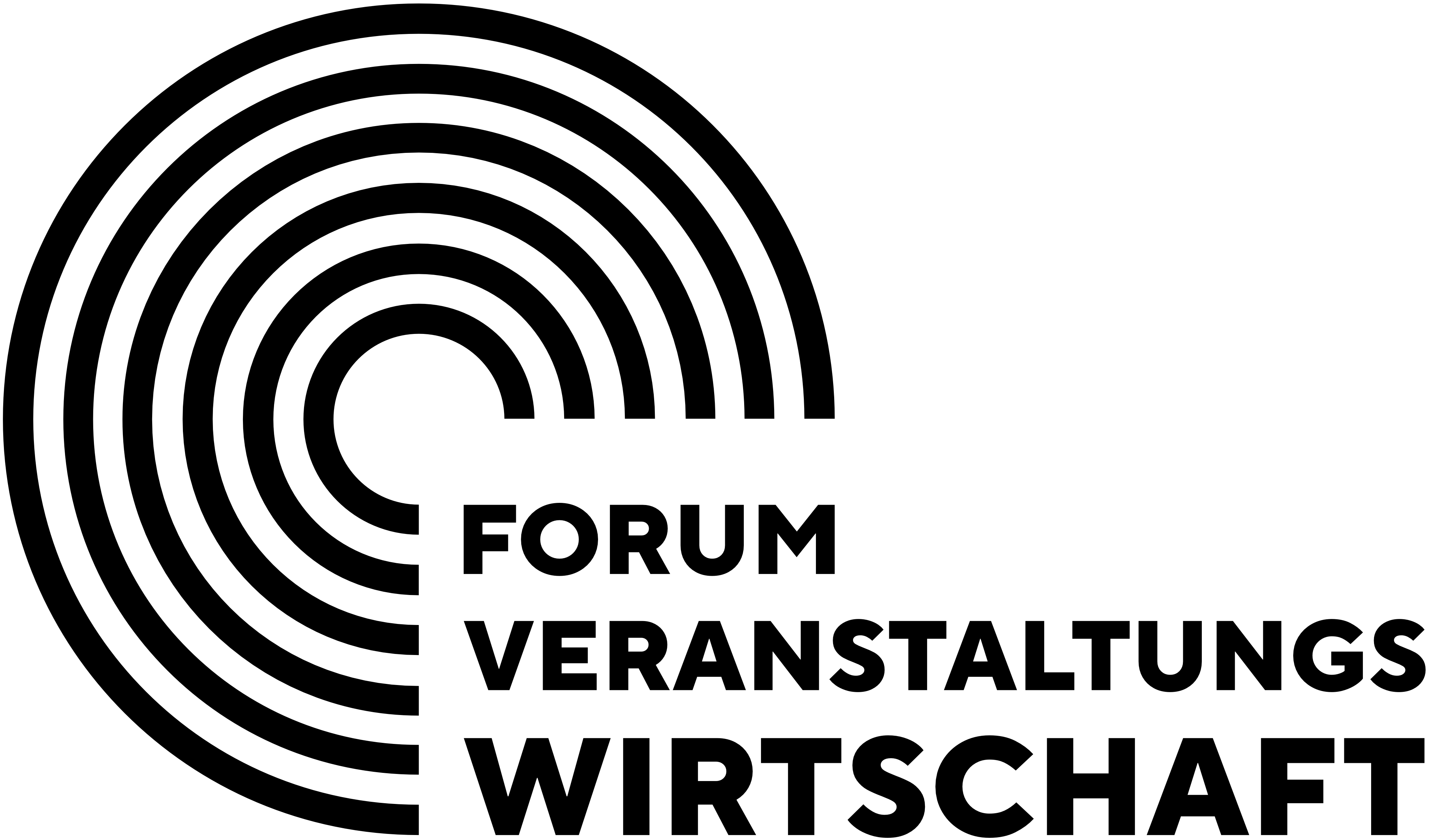 Ein schwarzer Kreis aus einzelnen Linien, daran anknüpfend unten rechts der Schriftzug "Forum Veranstaltungswirtschaft"